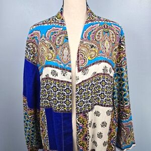 Chico's Patchwork Linen Topper Jacket Duster Kimono 3/4 Sleeve Size 3 16/18 NWT‎
